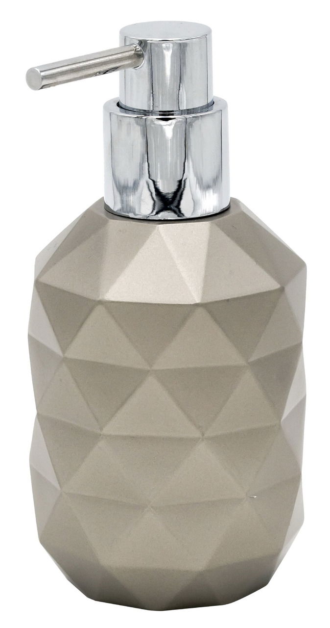 Grauer Seifenspender Joyce mit geometrischem Design und silbernem Pumpkopf, Frontalansicht
