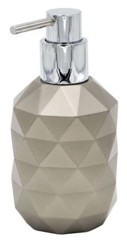 Grauer Seifenspender Joyce mit geometrischem Design und silbernem Pumpkopf, Frontalansicht