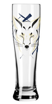 Transparant hoog bierglas met blauw-goud gestileerde vossenkopprint, frontale aanzicht op witte achtergrond