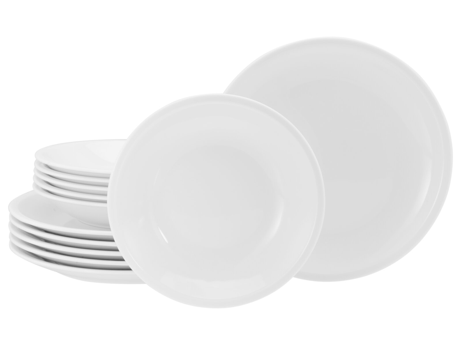 creaTable Tafelservice 12-tlg MILANO Stapel weißer, runder Porzellanteller mit glatter Oberfläche, Produktfoto in leichter Seitenansicht (3/4-Perspektive) vor weißem Hintergrund
