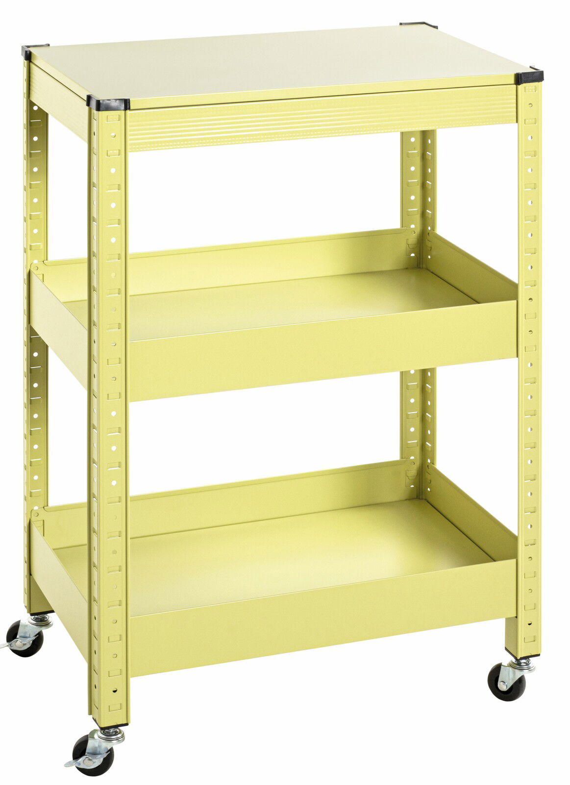 Gelber Servierwagen mit drei Ablageflächen und Rollen, seitliche Perspektive