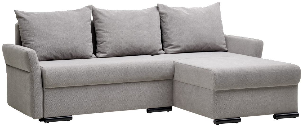 Graues Ecksofa mit drei Rückenkissen, seitliche Perspektive