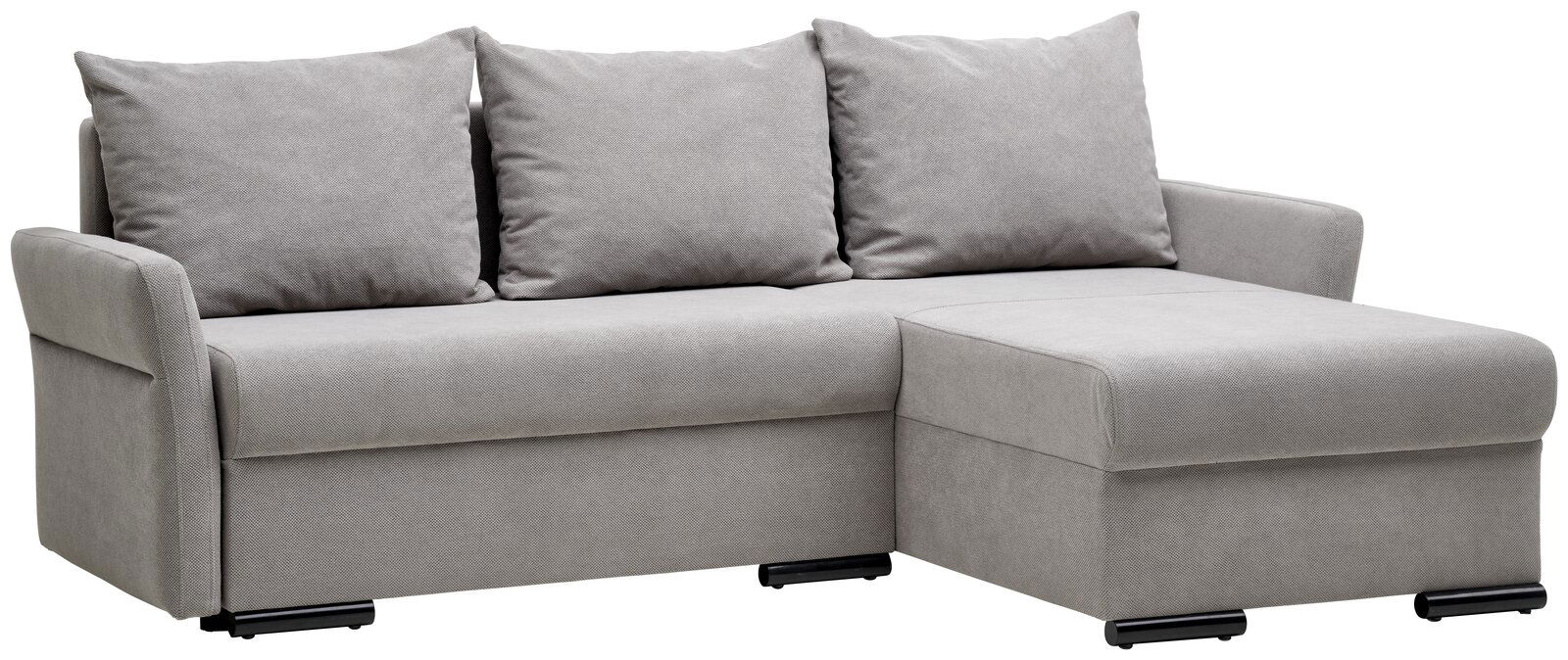 Graues Ecksofa mit drei Rückenkissen, seitliche Perspektive