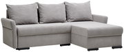 Graues Ecksofa mit drei Rückenkissen, seitliche Perspektive