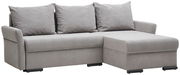 Graues Ecksofa mit drei Rückenkissen, seitliche Perspektive
