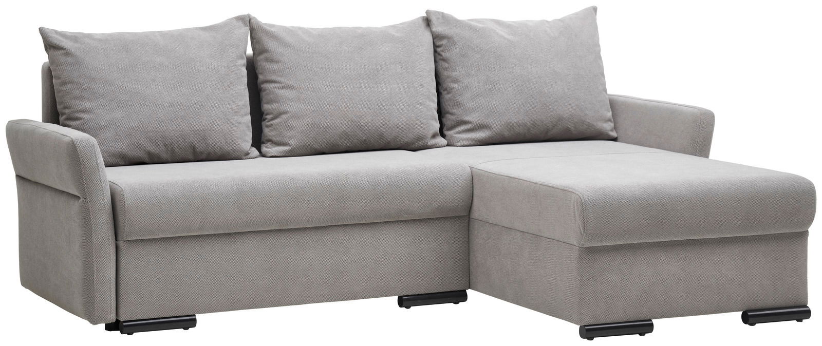 Graues Ecksofa mit drei Rückenkissen, seitliche Perspektive