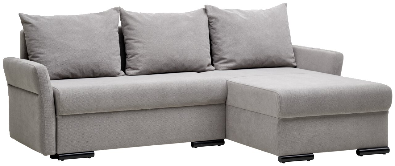 Graues Ecksofa mit drei Rückenkissen, seitliche Perspektive