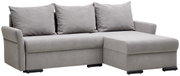 Graues Ecksofa mit drei Rückenkissen, seitliche Perspektive