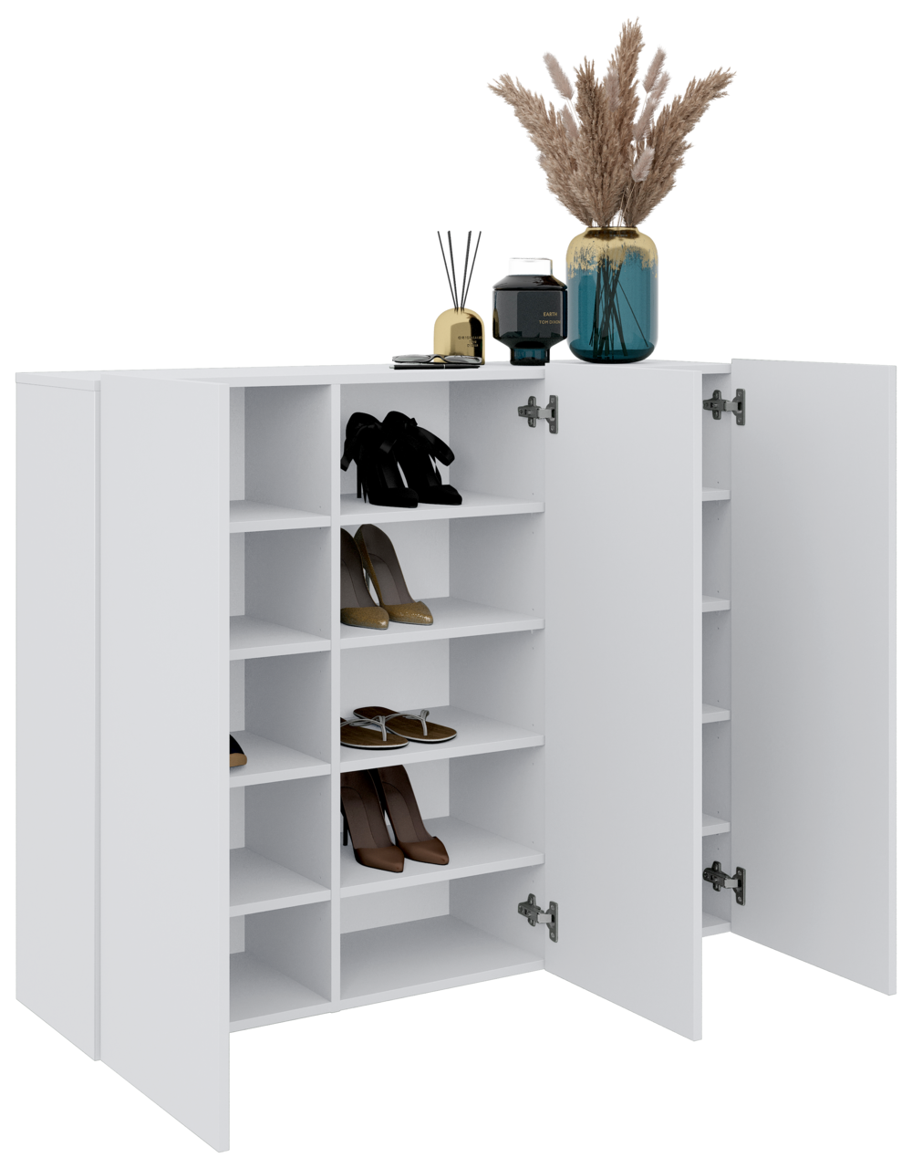 Moderner weißer Hängeschuhschrank mit offenen und geschlossenen Fächern, dekoriert mit einer Vase und Duftstäbchen, Frontalansicht.