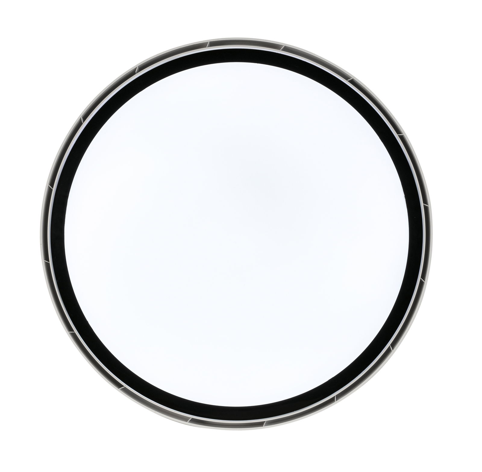 Runder Deckenventilator aus der Vogelperspektive mit modernem Design und schwarzem Rand.