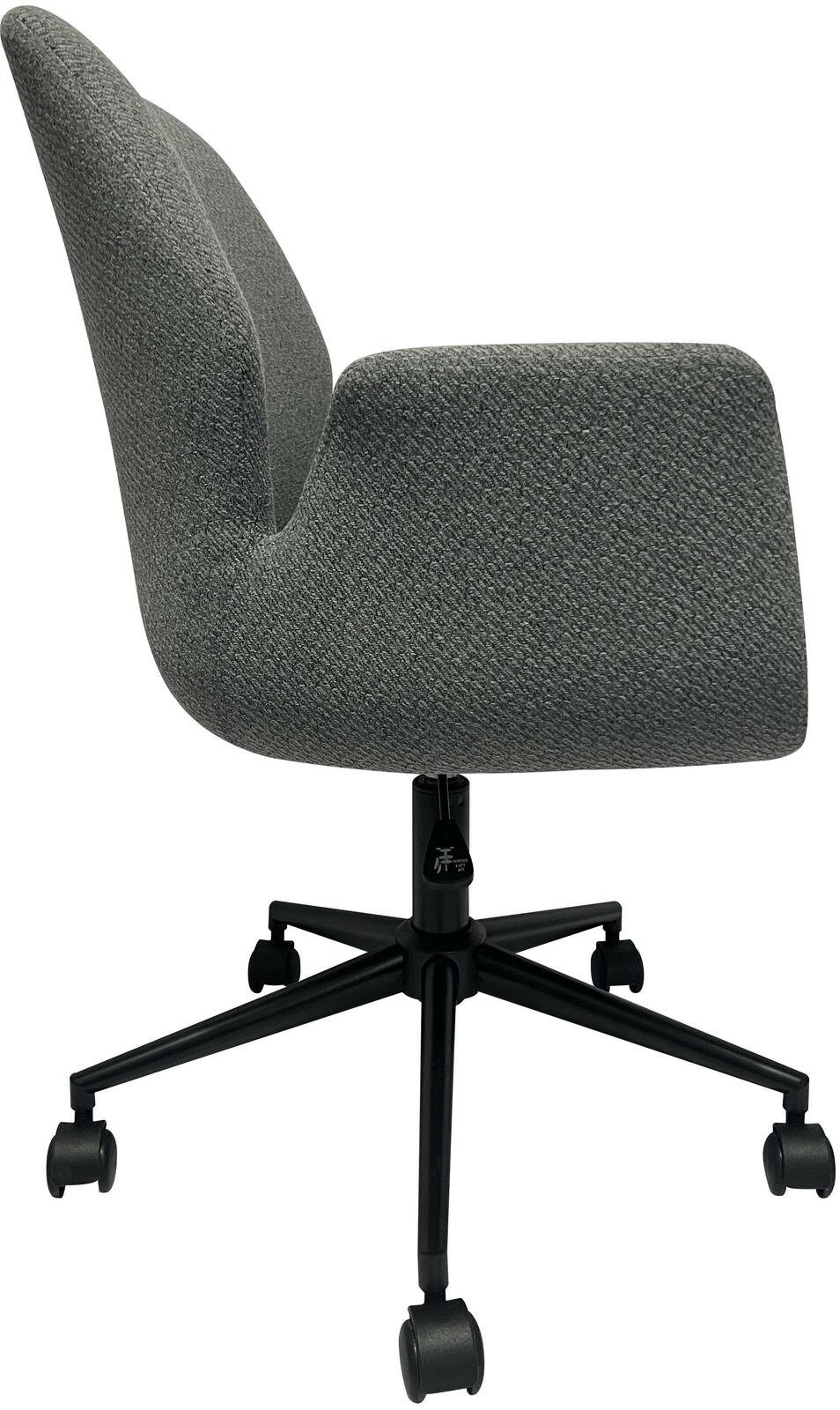 Grauer Drehstuhl mit Armlehnen, seitliche Perspektive