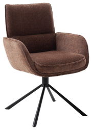 Brauner Armlehnstuhl mit Stoffbezug und schwarzem Metallgestell, seitliche Perspektive