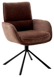 Brauner Armlehnstuhl mit Stoffbezug und schwarzem Metallgestell, seitliche Perspektive