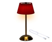 LED wiederaufladbare Tischlampe mit rotem Schirm und goldenem Standfuß, seitliche Perspektive