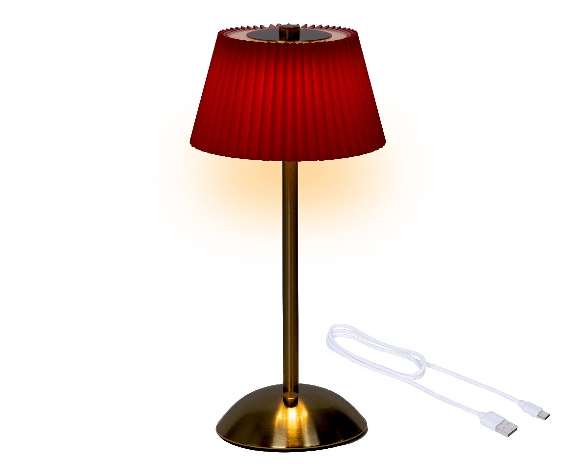 LED wiederaufladbare Tischlampe mit rotem Schirm und goldenem Standfuß, seitliche Perspektive