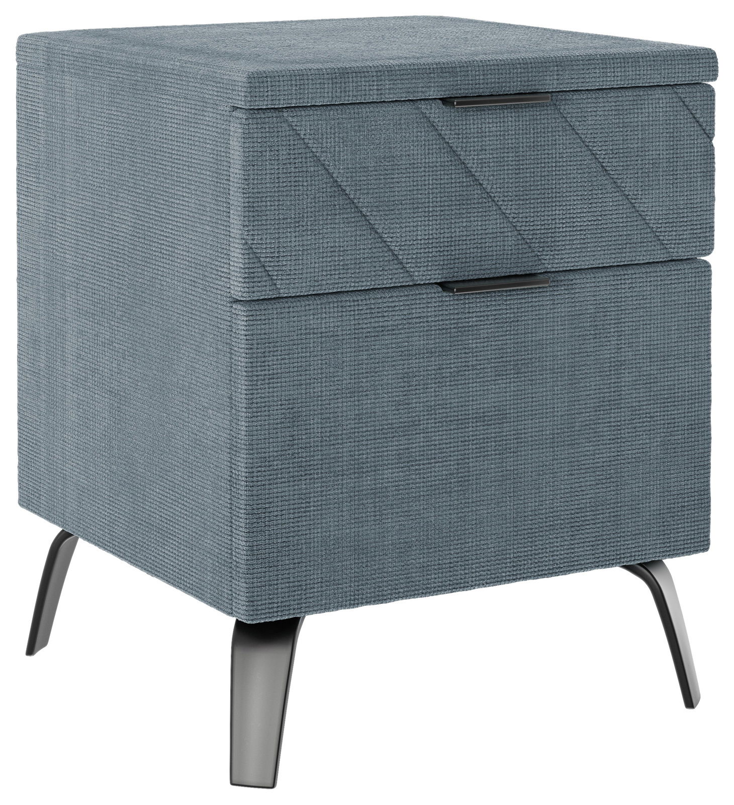 Esposa Nachtkonsole MANACOR Graue Nachtkonsole mit zwei Schubladen und schrägen Metallbeinen, seitliche Perspektive