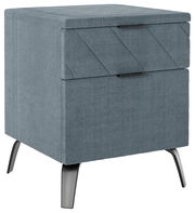 Graue Nachtkonsole mit zwei Schubladen und schrägen Metallbeinen, seitliche Perspektive