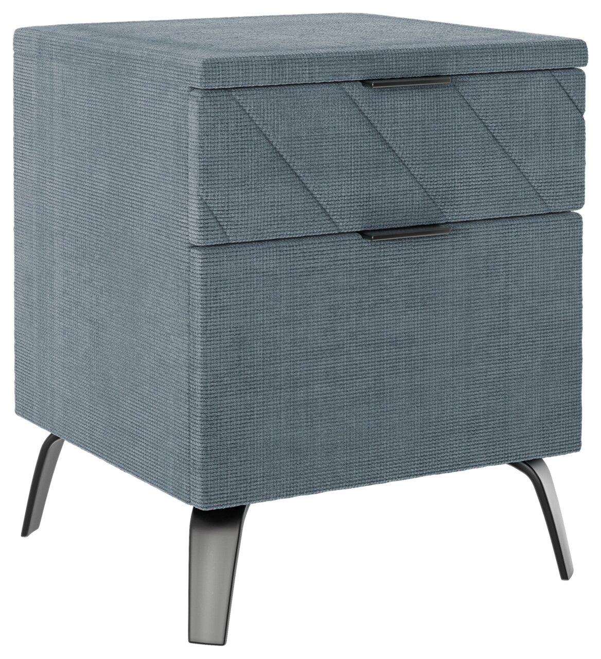 Graue Nachtkonsole mit zwei Schubladen und schrägen Metallbeinen, seitliche Perspektive