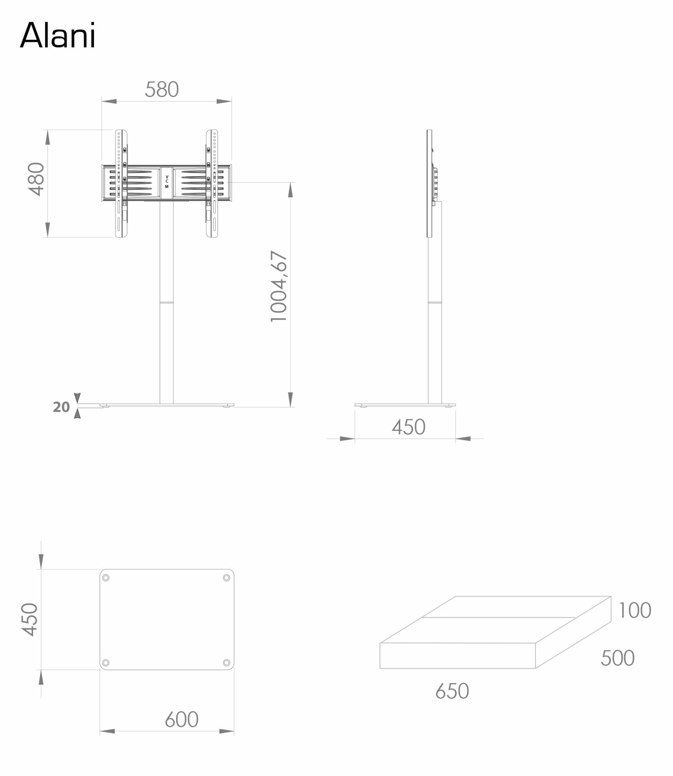 Technische Maßzeichnung des TV-Ständers „Alani“ mit VESA-Halterung und Bodenplatte, dargestellt in Front- und Seitenansicht (Perspektive: frontal und seitlich) mit Maßen wie ca. 1004,67 mm Höhe, 580 mm Breite und 450 mm Tiefe.