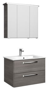 Moderner Badblock mit grauem Unterschrank und weißem Waschbecken, inklusive Spiegelschrank, aus frontaler Perspektive.