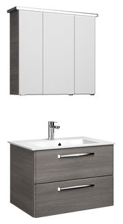 Moderner Badblock mit grauem Unterschrank und weißem Waschbecken, inklusive Spiegelschrank, aus frontaler Perspektive.