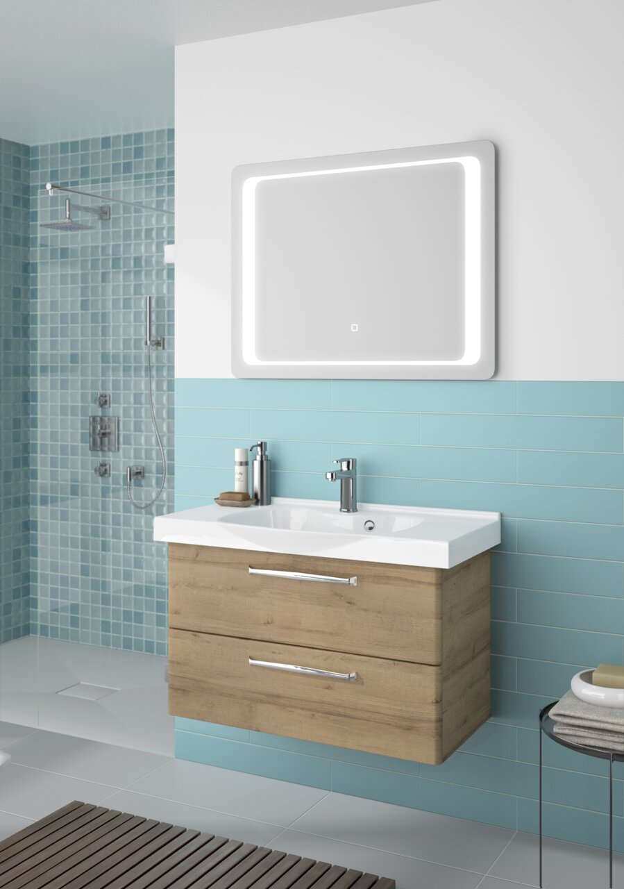 Modern badkamermeubel met houtlook en ingebouwde wastafel, gezien vanaf de voorkant
