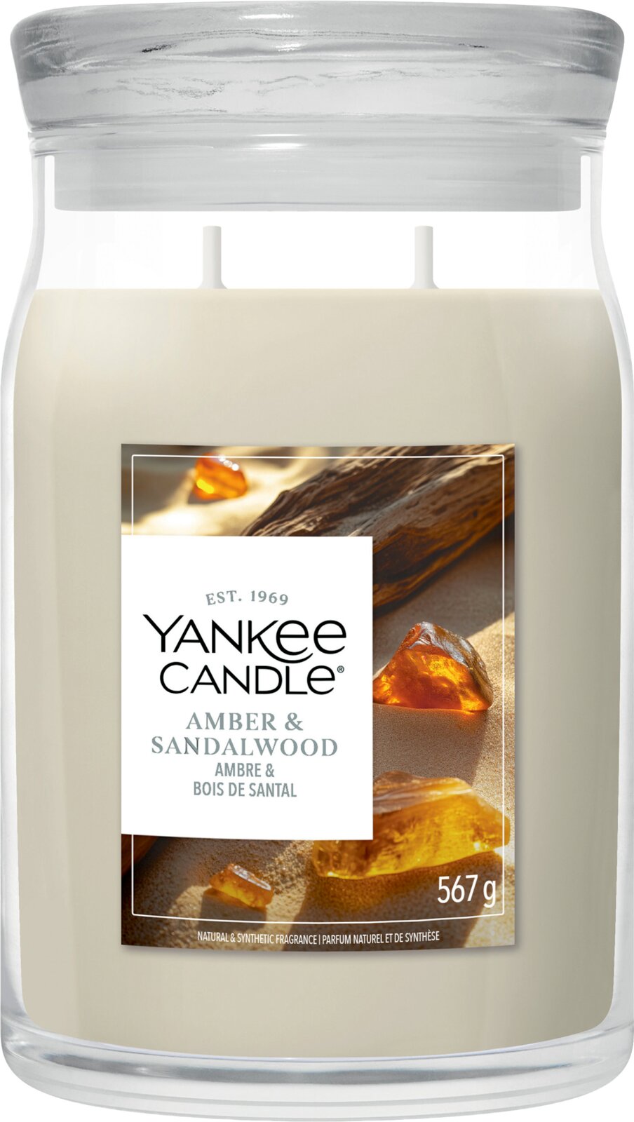 Yankee Candle Duftkerze Amber & Sandalwood im großen Glas mit zwei Dochten und 567 g Inhalt, frontal abgebildet