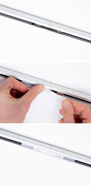 Nahaufnahme eines CoverConnectors in seitlicher Perspektive, der mit einer transparenten Abdeckung verbunden wird.