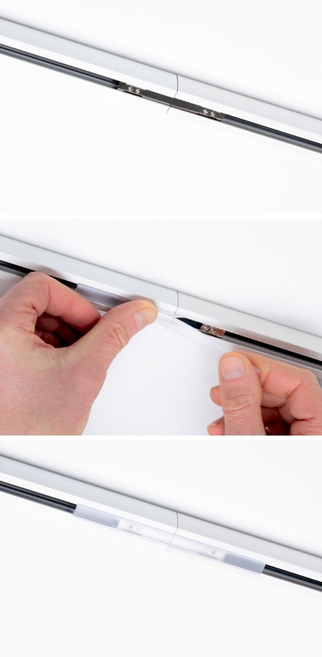 Nahaufnahme eines CoverConnectors in seitlicher Perspektive, der mit einer transparenten Abdeckung verbunden wird.