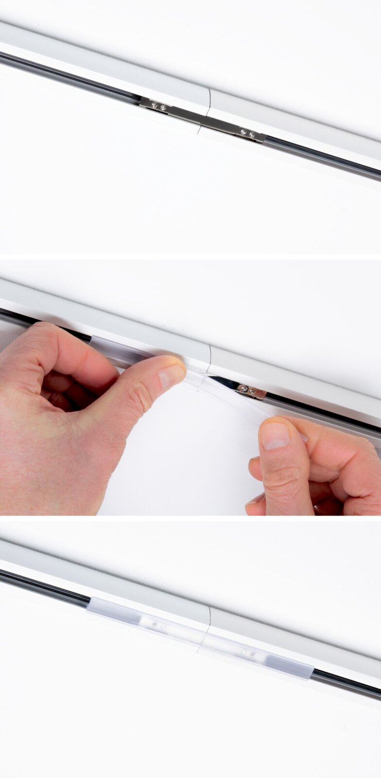Nahaufnahme eines CoverConnectors in seitlicher Perspektive, der mit einer transparenten Abdeckung verbunden wird.