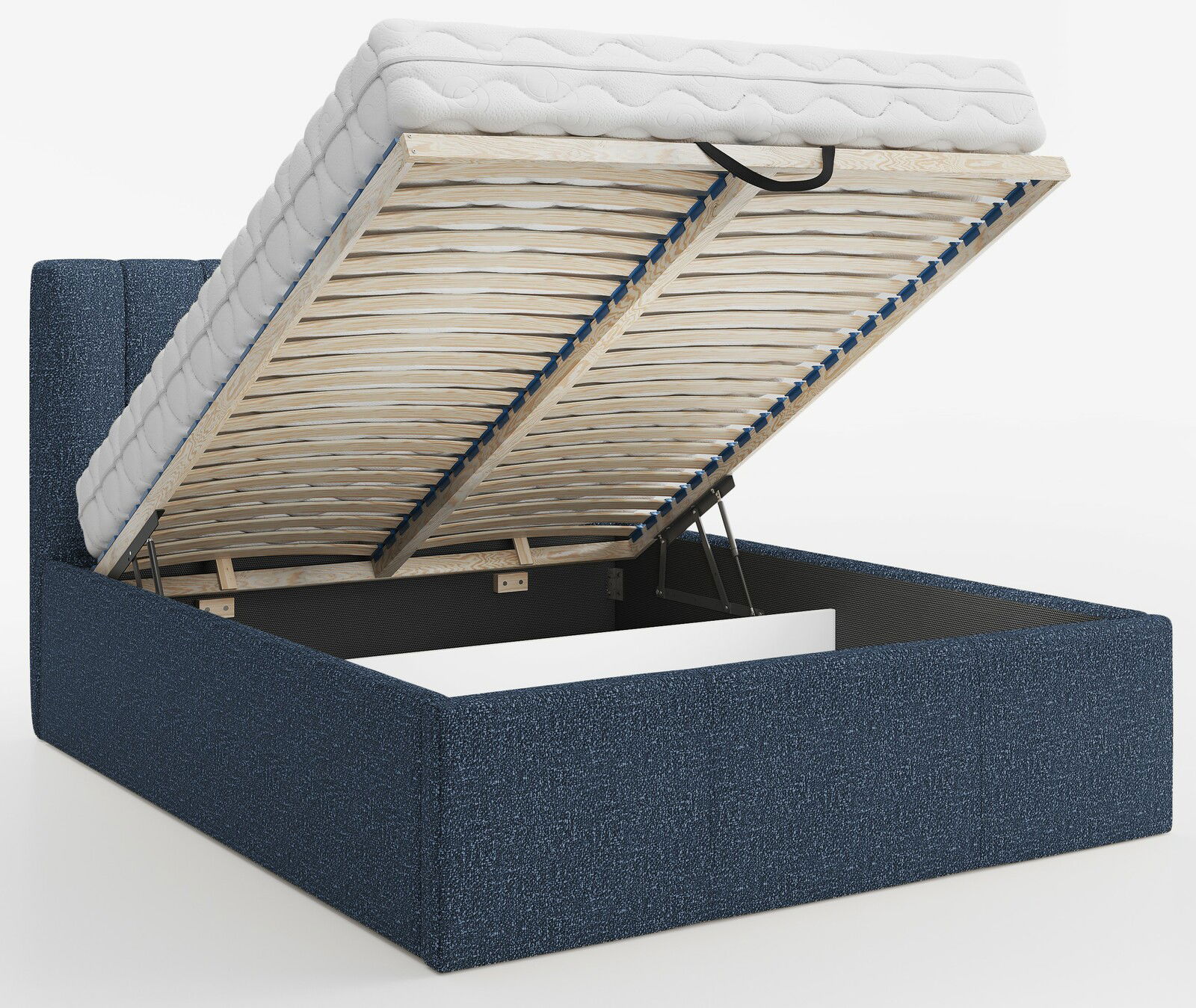 Polsterbett ELMA in blauer Farbe mit hochgeklappter Matratze und Stauraum, seitliche Perspektive