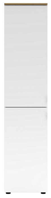 Moderner weißer Büroschrank mit zwei Türen, frontal abgebildet.