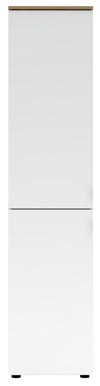 Moderner weißer Büroschrank mit zwei Türen, frontal abgebildet.