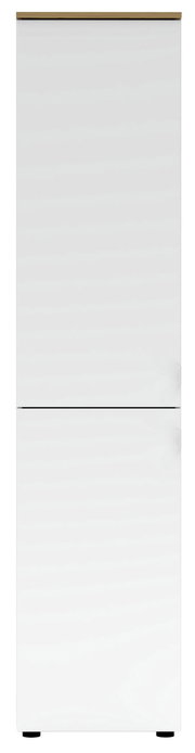 Moderner weißer Büroschrank mit zwei Türen, frontal abgebildet.