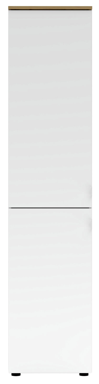 Moderner weißer Büroschrank mit zwei Türen, frontal abgebildet.