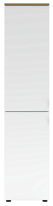 Moderner weißer Büroschrank mit zwei Türen, frontal abgebildet.