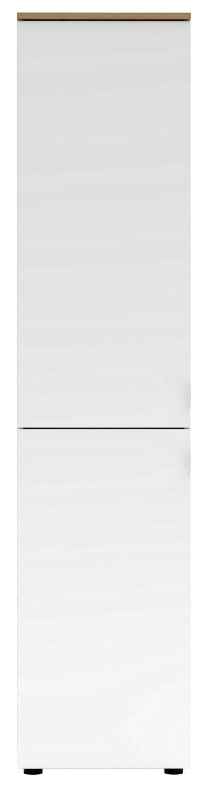 Moderner weißer Büroschrank mit zwei Türen, frontal abgebildet.