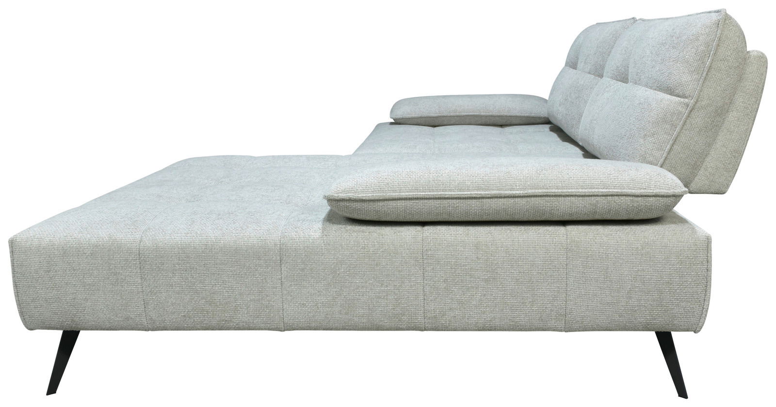 Seitenansicht einer modernen, hellgrauen Longchairkombination mit schwarzen Beinen und gepolsterten Rückenlehnen.