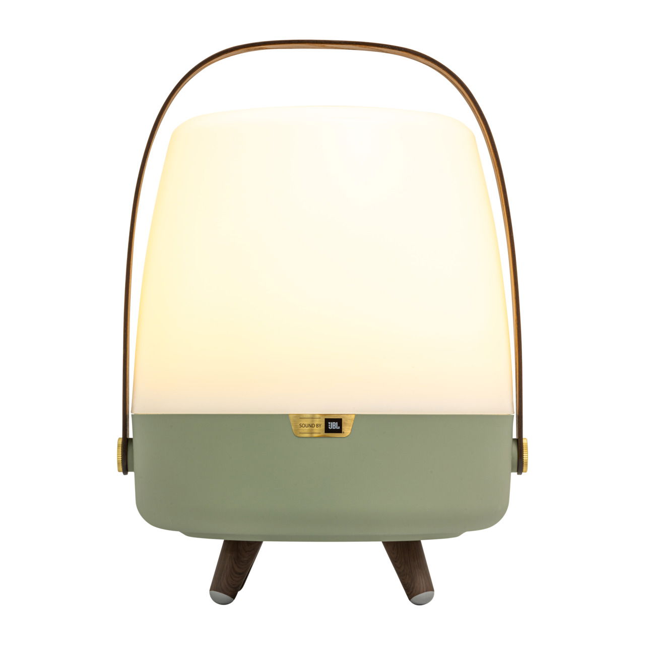 Frontansicht einer tragbaren Lampe mit JBL-Sound, grünem Sockel und Holzgriffen.