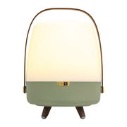 Frontansicht einer tragbaren Lampe mit JBL-Sound, grünem Sockel und Holzgriffen.