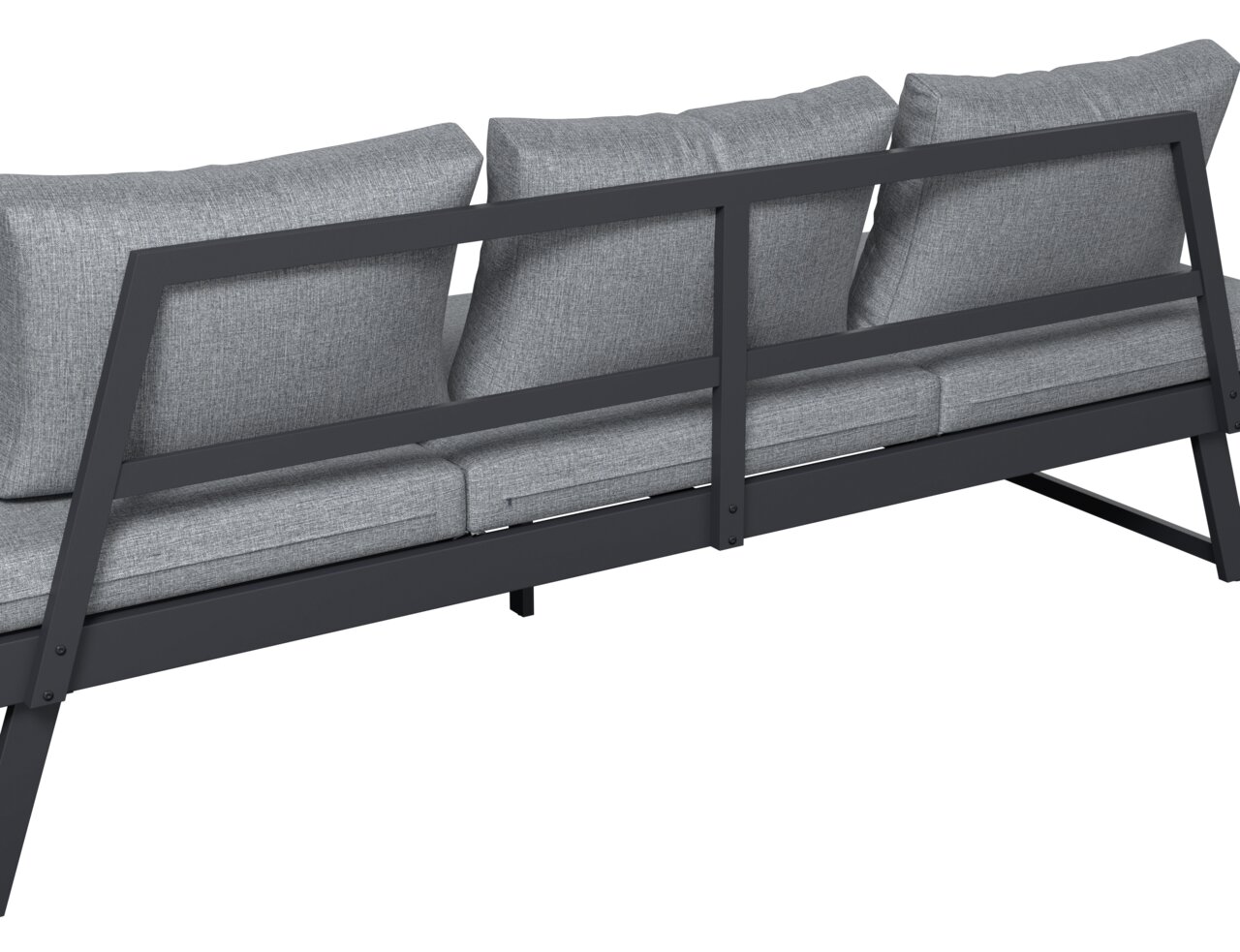 Rückansicht eines Lounge-Sofas mit grauen Kissen und einem schwarzen Metallrahmen.