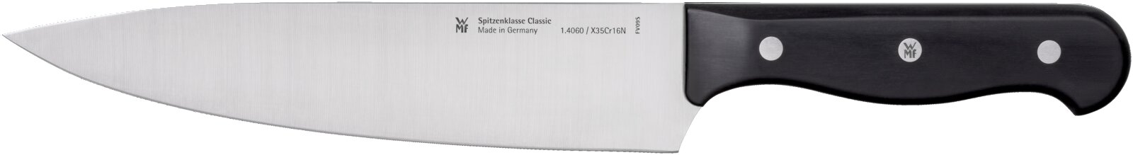 WMF Kochmesser mit breiter Edelstahlklinge und schwarzem Griff, Seitenansicht von links (Profilperspektive)