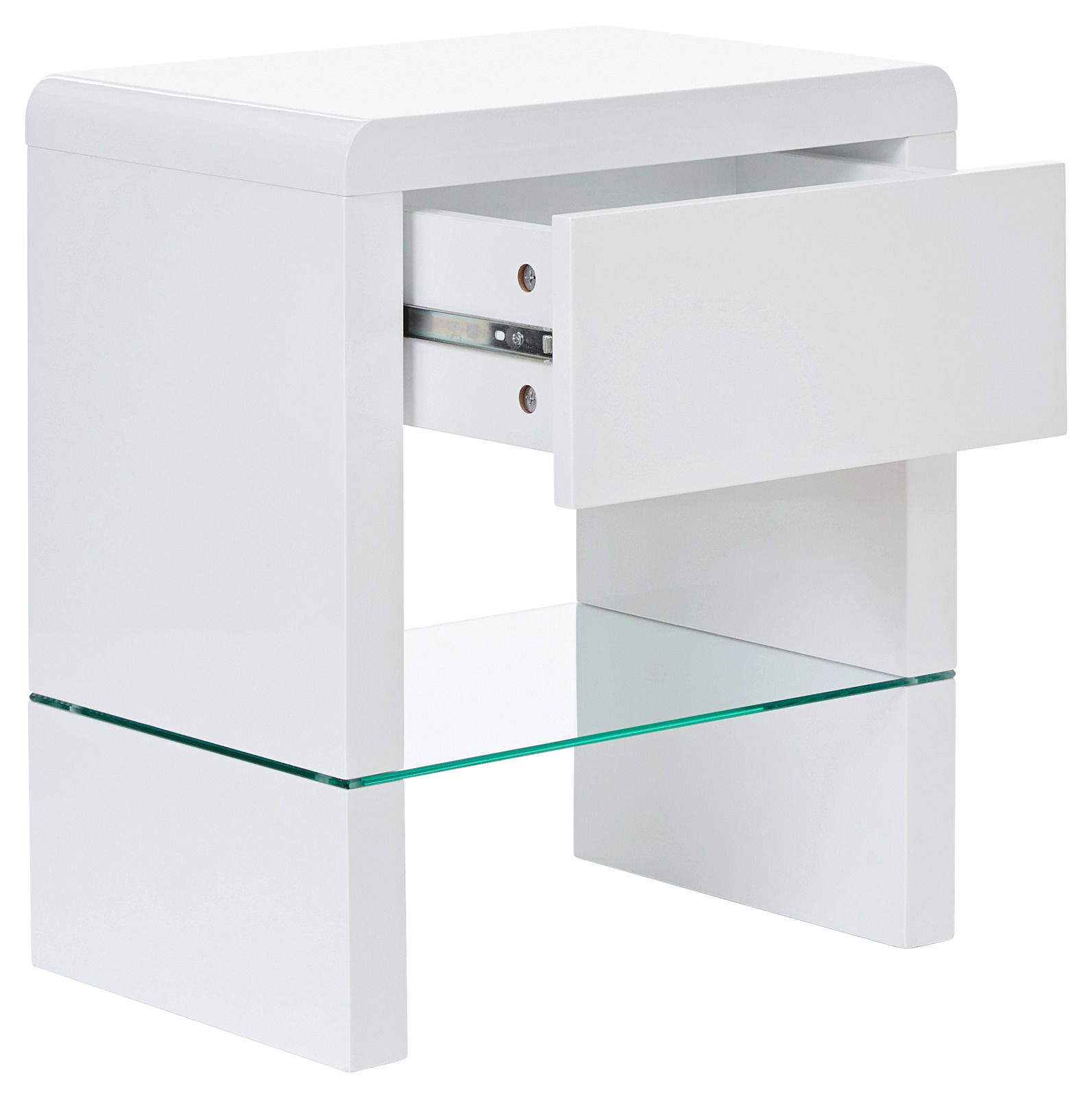 Weiße Nachtkommode mit einer Schublade und Glasablage, seitliche Perspektive