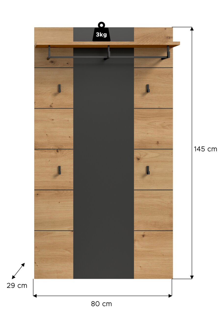 Frontansicht einer Garderobenpaneele in Holzoptik mit schwarzer Mittelplatte, Ablage und Hakenleiste; Maße ca. 145 x 80 x 29 cm, Ablage belastbar bis 3 kg.