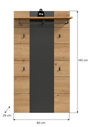 Frontansicht einer Garderobenpaneele in Holzoptik mit schwarzer Mittelplatte, Ablage und Hakenleiste; Maße ca. 145 x 80 x 29 cm, Ablage belastbar bis 3 kg.