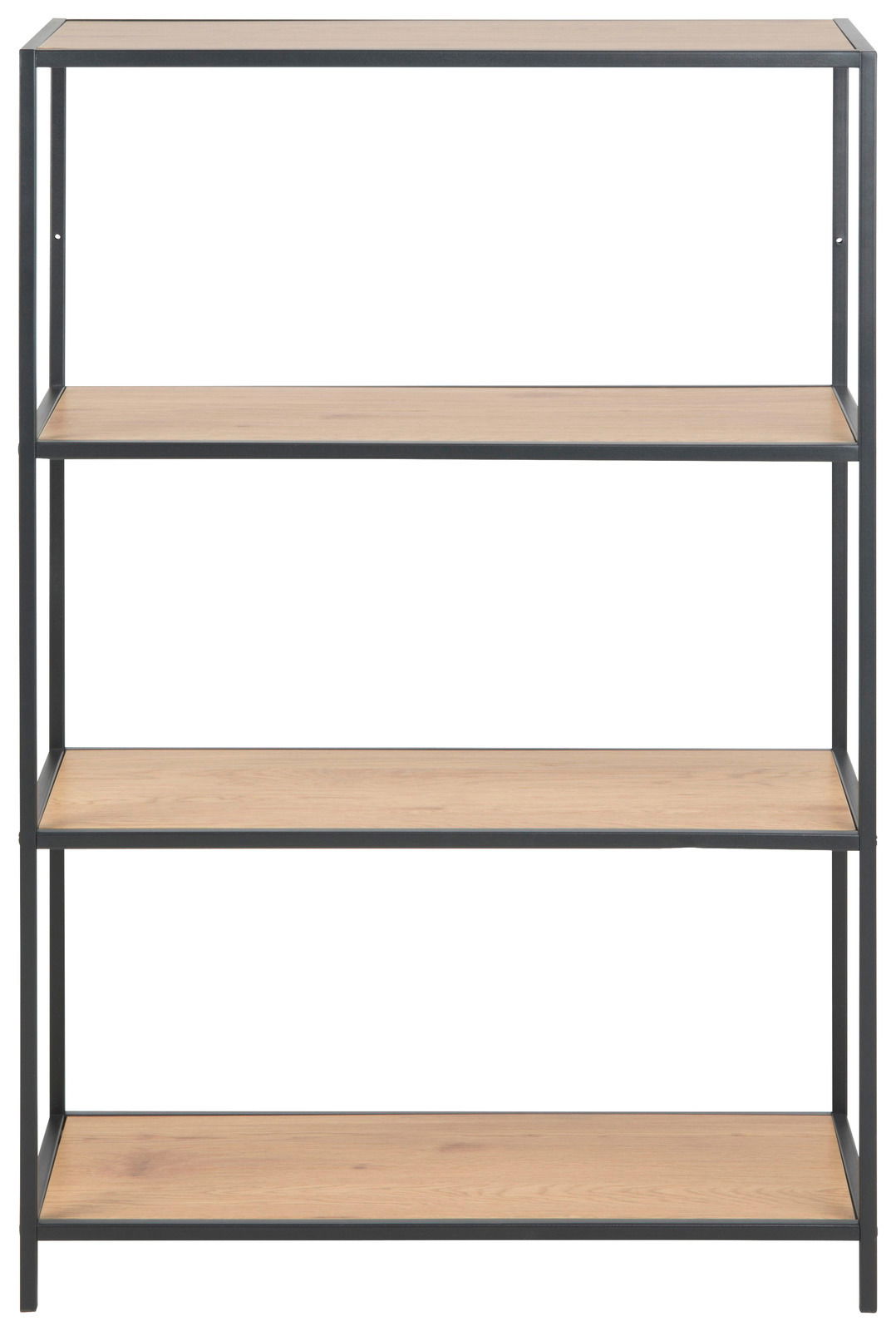 Frontale Ansicht eines modernen Bücherregals mit vier Holzregalböden und einem schwarzen Metallrahmen.