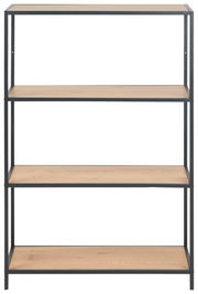 Frontale Ansicht eines modernen Bücherregals mit vier Holzregalböden und einem schwarzen Metallrahmen.