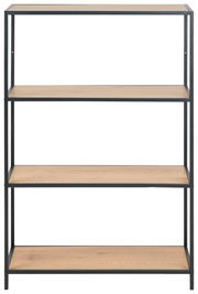 Frontale Ansicht eines modernen Bücherregals mit vier Holzregalböden und einem schwarzen Metallrahmen.