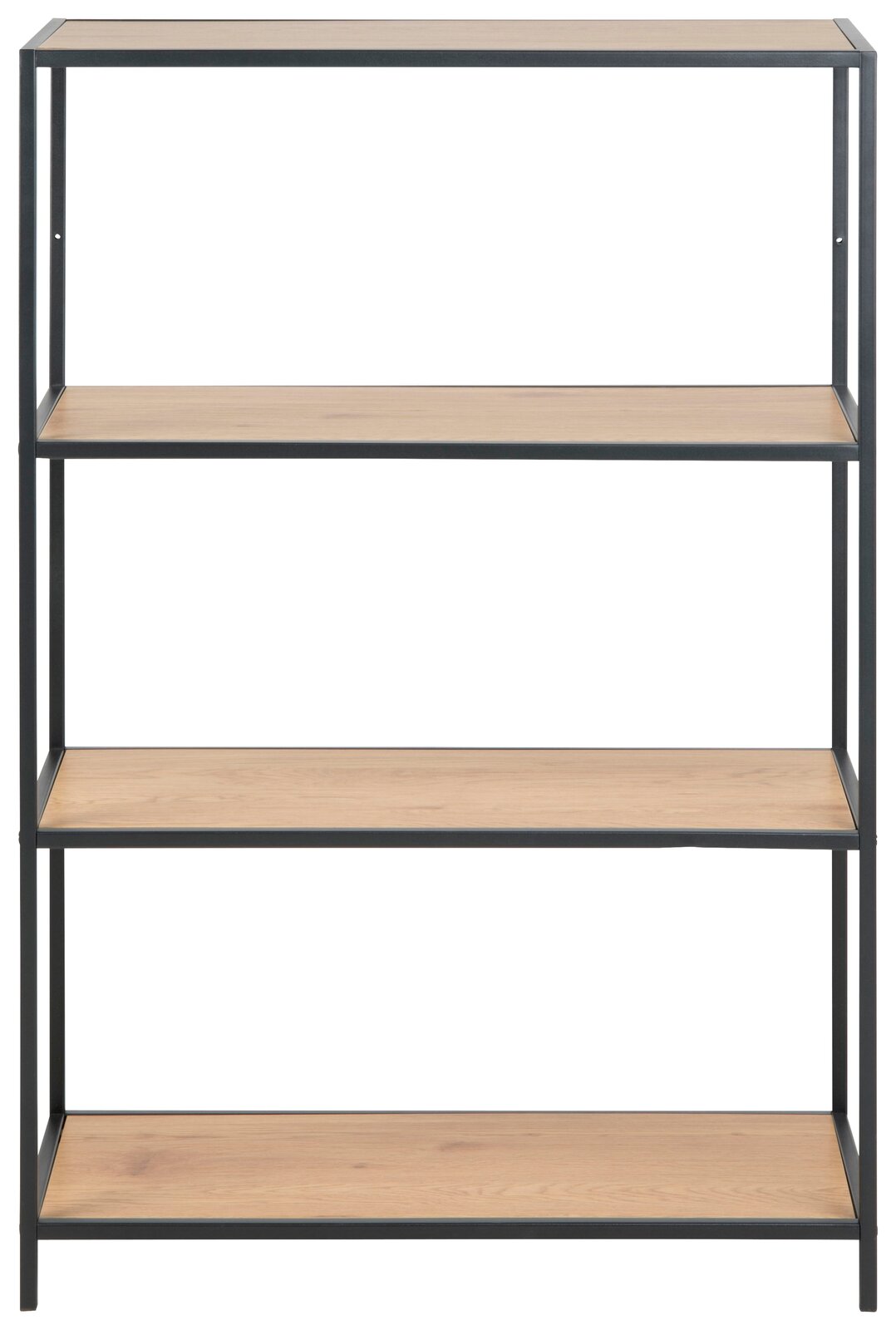 Frontale Ansicht eines modernen Bücherregals mit vier Holzregalböden und einem schwarzen Metallrahmen.