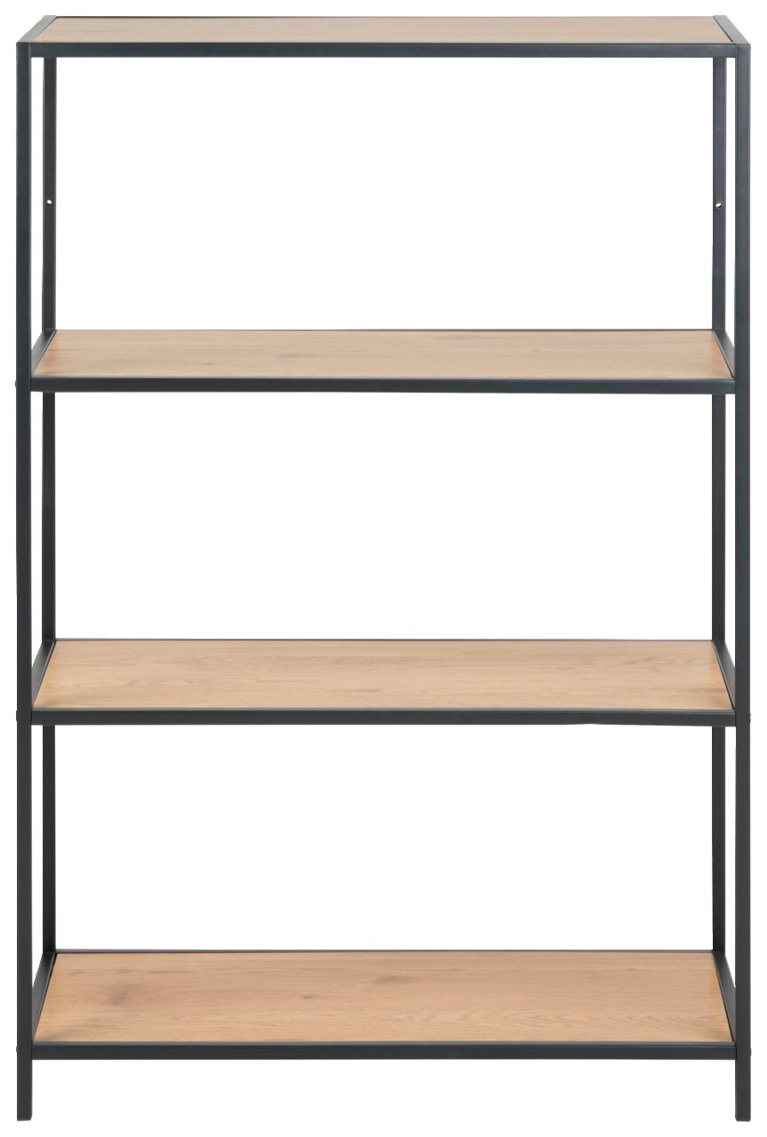 Frontale Ansicht eines modernen Bücherregals mit vier Holzregalböden und einem schwarzen Metallrahmen.
